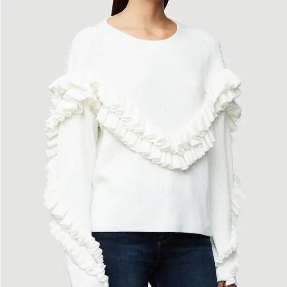 Frame Ruffle-yoke Ribbed Sweater In Off White - Picture 3 of 12